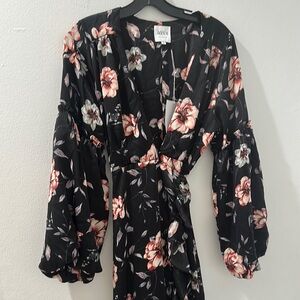 Misa Black Floral Wrap Dress Luna Black floral satin